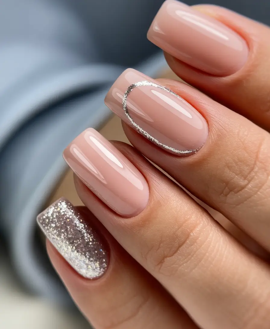 Brown and nude acrylic nails with subtle and simple cat eye design with glitter and pink chrome.