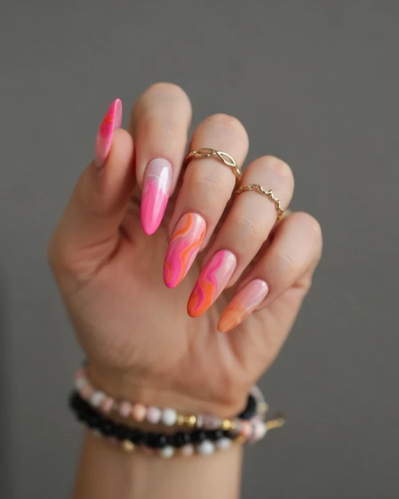 French ombre nails with design, pink and white nails, lilac ombre nails, yellow, glitter almond