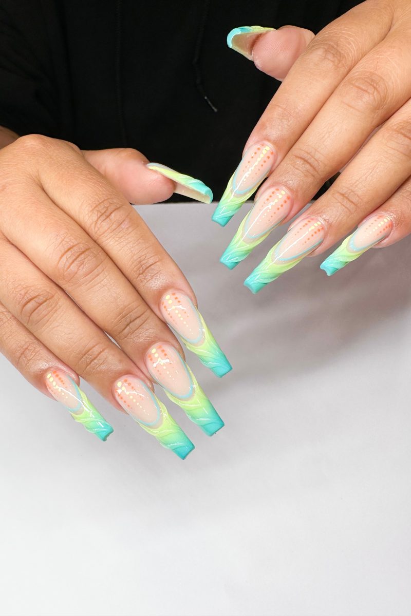 Coral ombre nails with neon ombre nails, blue