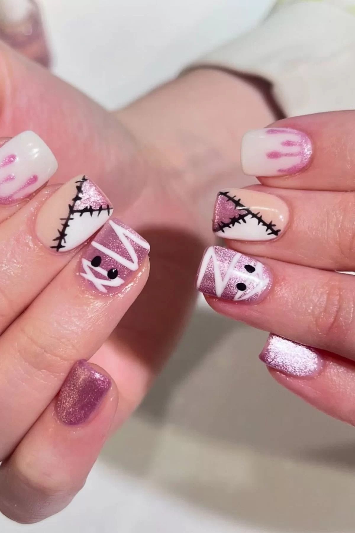 Pink halloween nails acrylic with cool nails design, showcasing a whimsical acrylic delight.