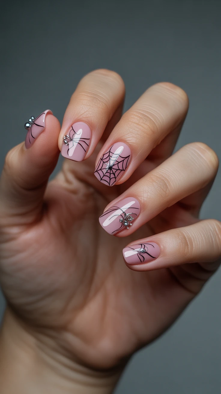 Pink october nails with halloween inspired nails, showcasing soft, seasonal sophistication.