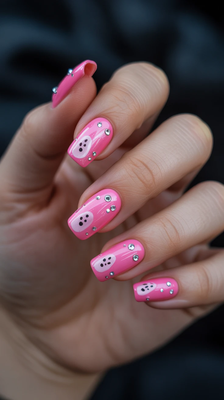 Black and pink nails simple with pink scream halloween nails.
