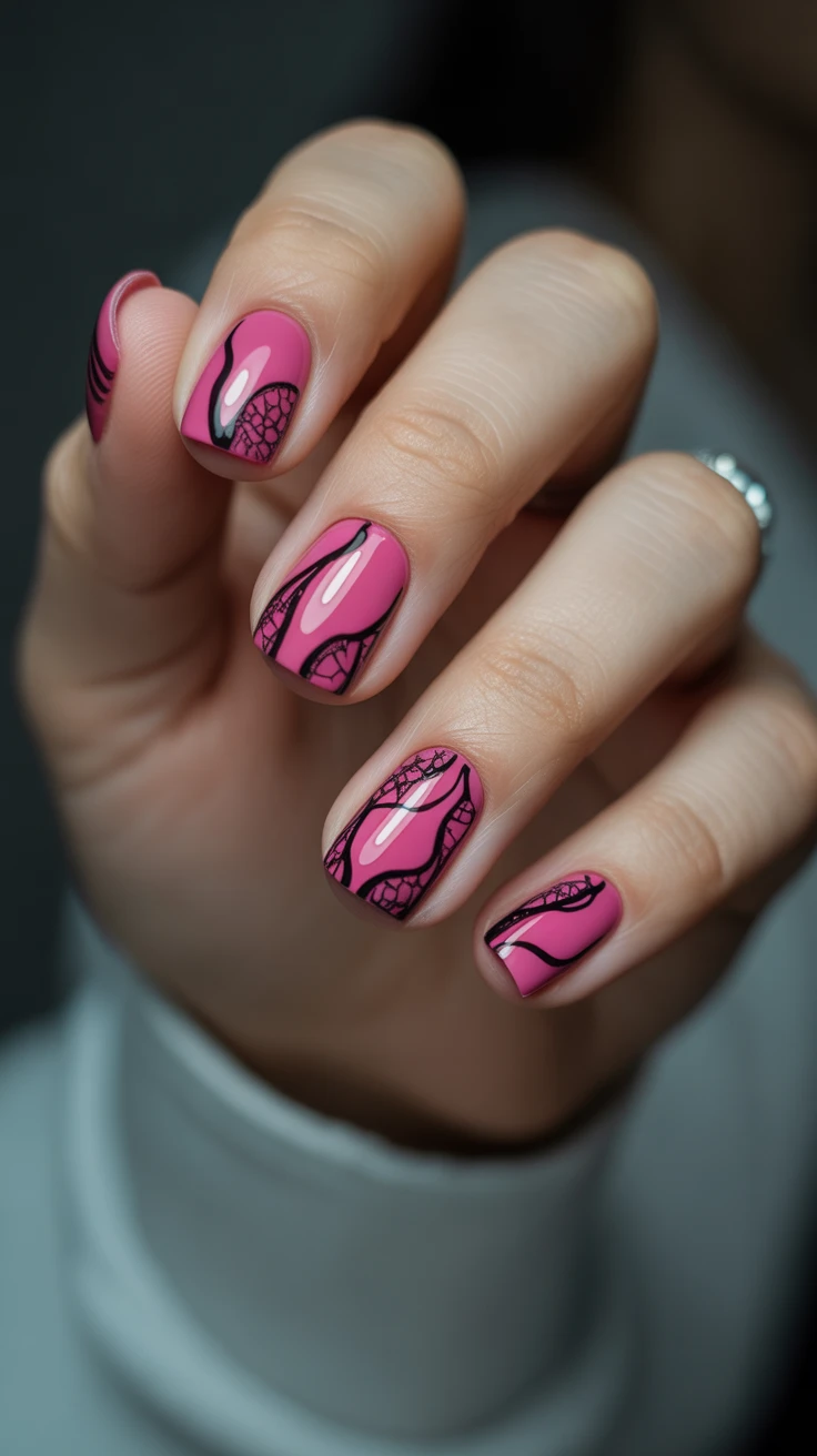 Black and baby pink nails with hot flair.