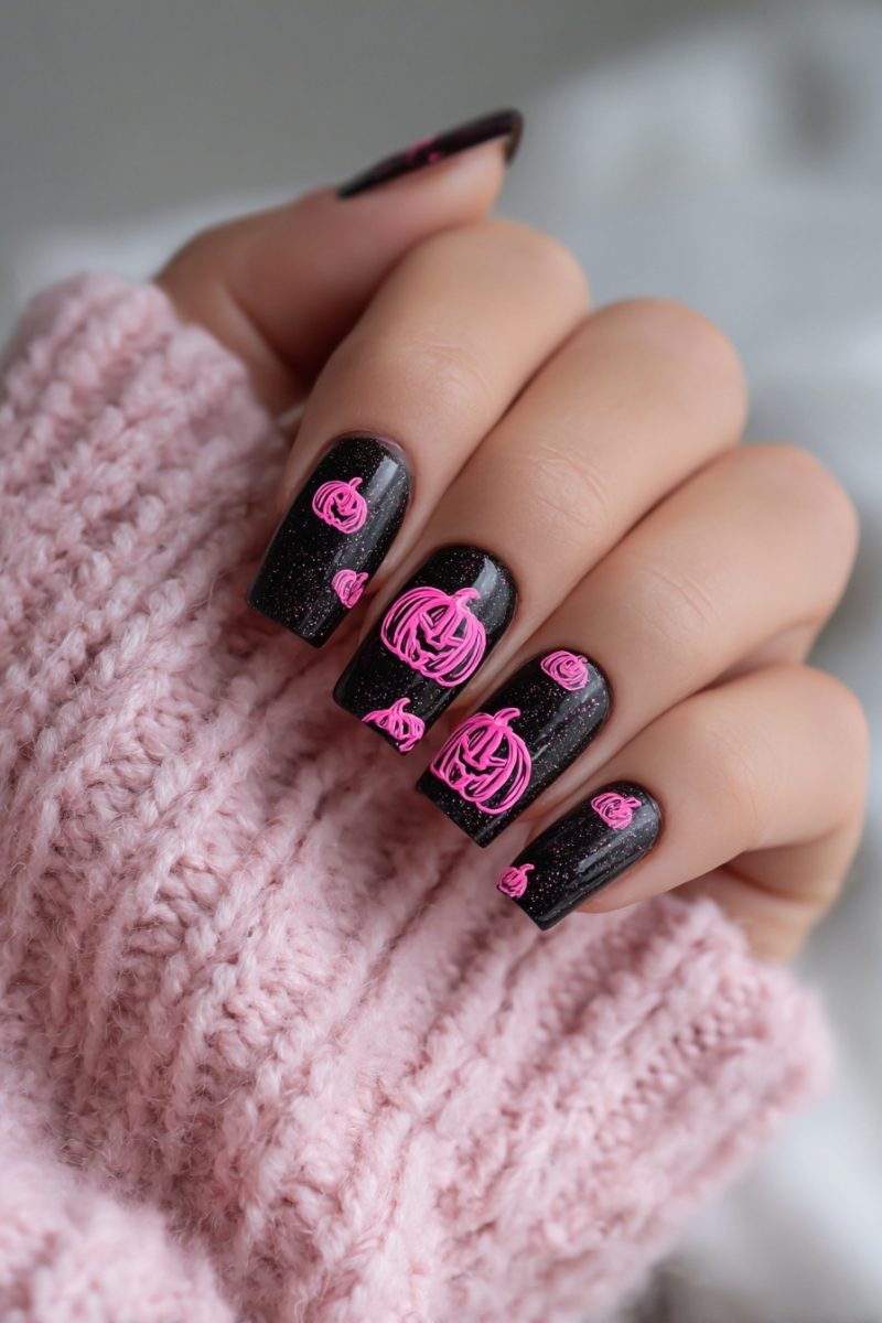 Pink fall nails designs with autumn flair.