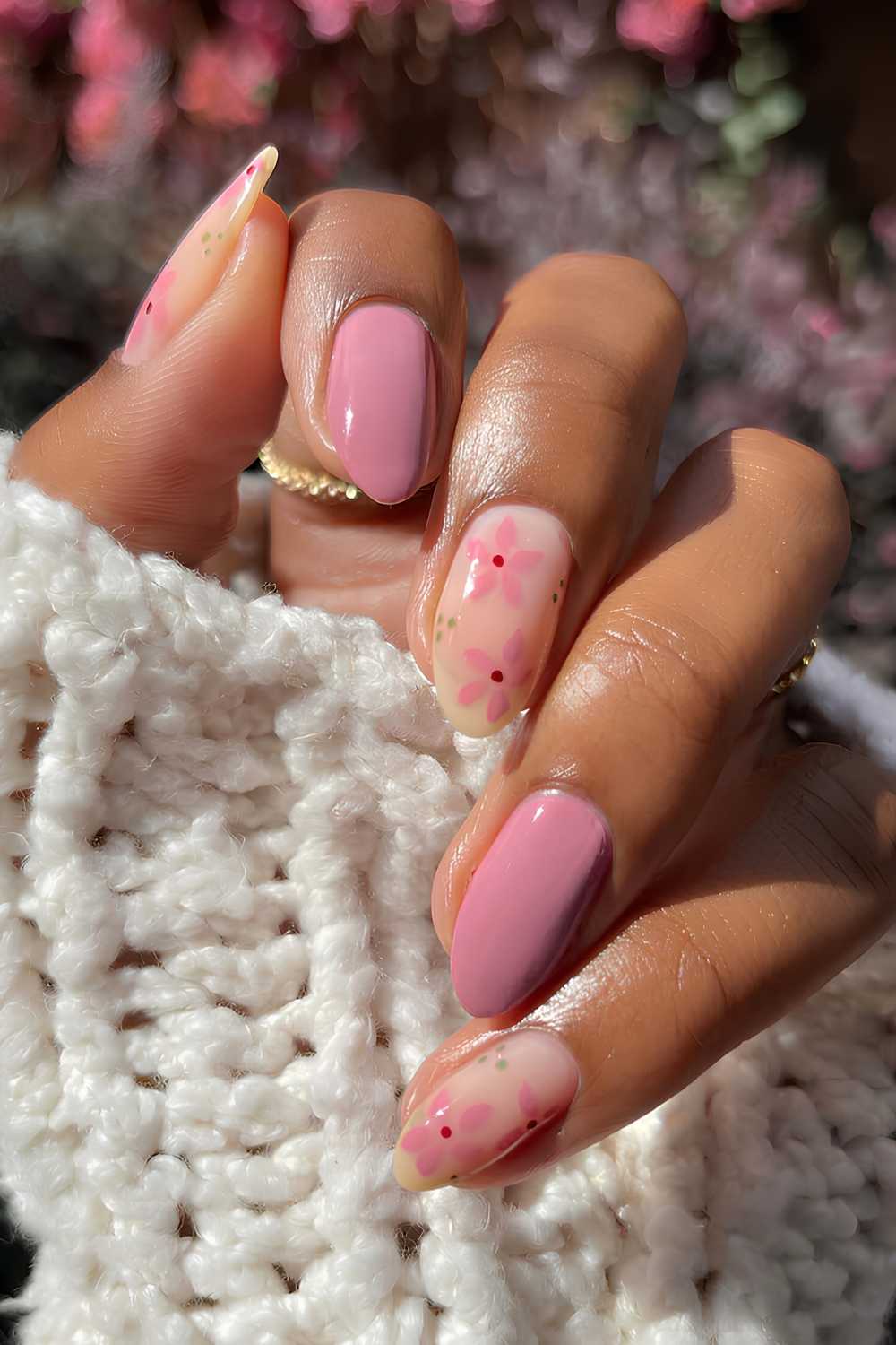 Pink french nails with pink and purple nails, featuring short chrome nails and short gel nails for a girly look.