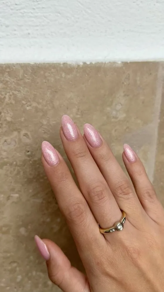 Nude pink nails with pink leopard nails, simple nail designs, chrome finish and pale undertone.