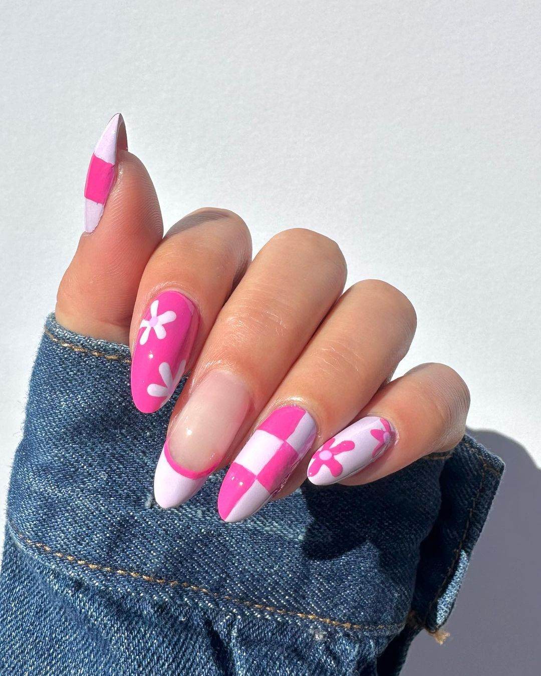 Bright pink nails with valentine nails pink, featuring red christmas nails in short baby french tip style.