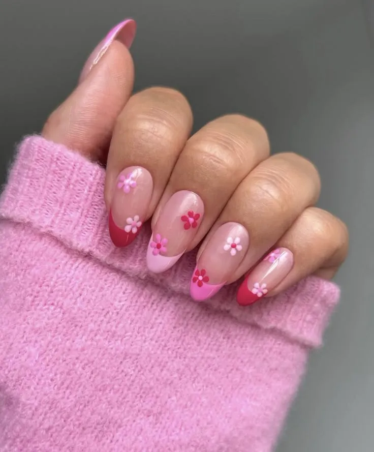 Pink and white ombre nails with summer nails 2026, featuring summer gel nails in green and baby with accents.
