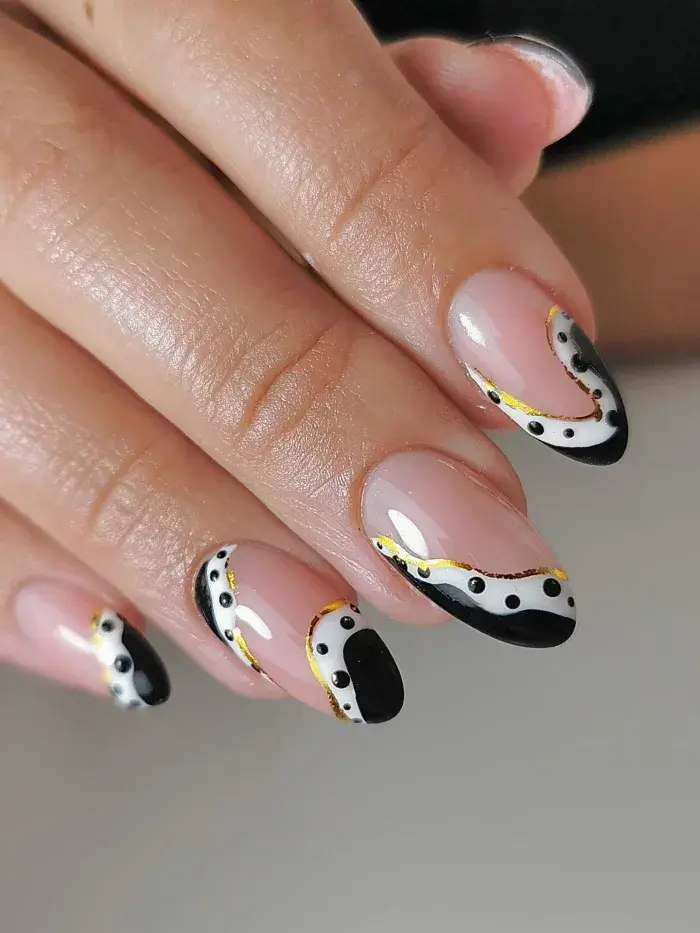 pink polka dot nails, jelly polka dot nails, fun nails, burgundy nails with polka dots, black, pink and green.