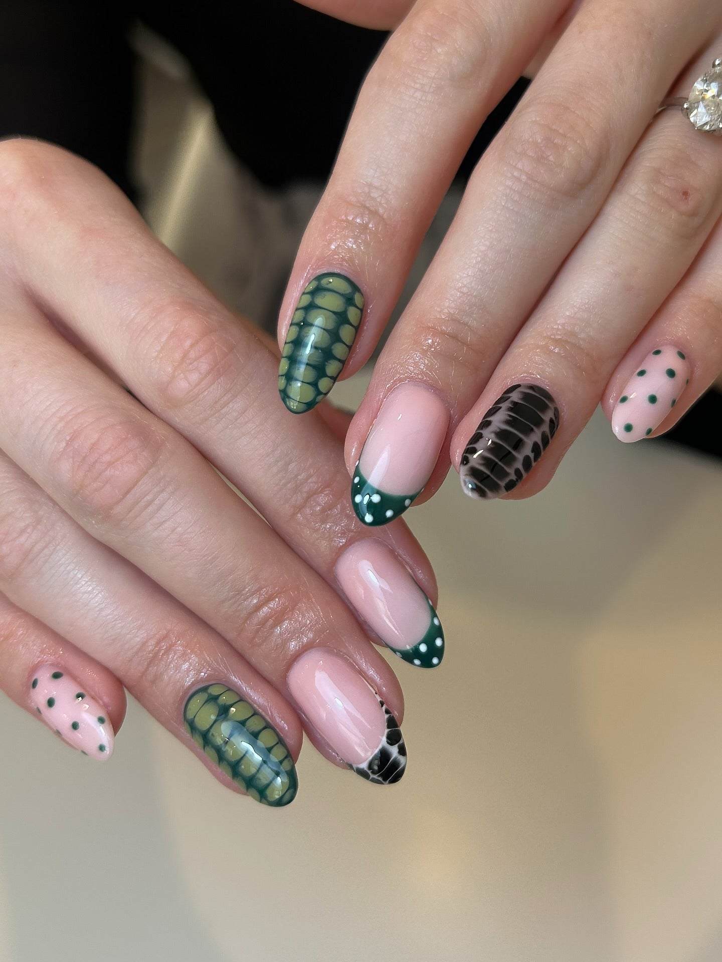 black and white polka dot nails, green polka dot nails, dotted nail art, almond nails polka dots, navy, pink and blue.