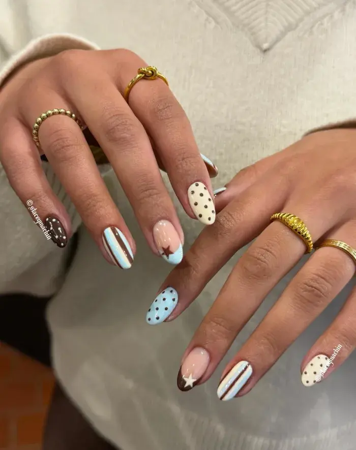 short polka dot nails, yellow and pink polka dot nails, birthday nails, gold polka dot nails, brown french tip, yellow and brown.