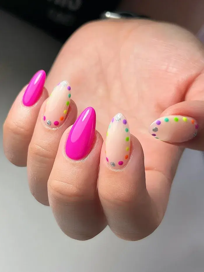 yellow polka dot nails, long polka dot nails, nail inspo almond, neutral polka dot nails, red, with bow