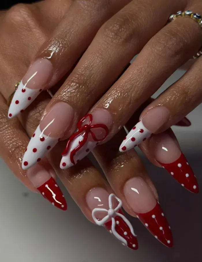 burgundy polka dot nails, reverse polka dot nails, easy nail art, coffee french tip nails, inspo, pink french tips