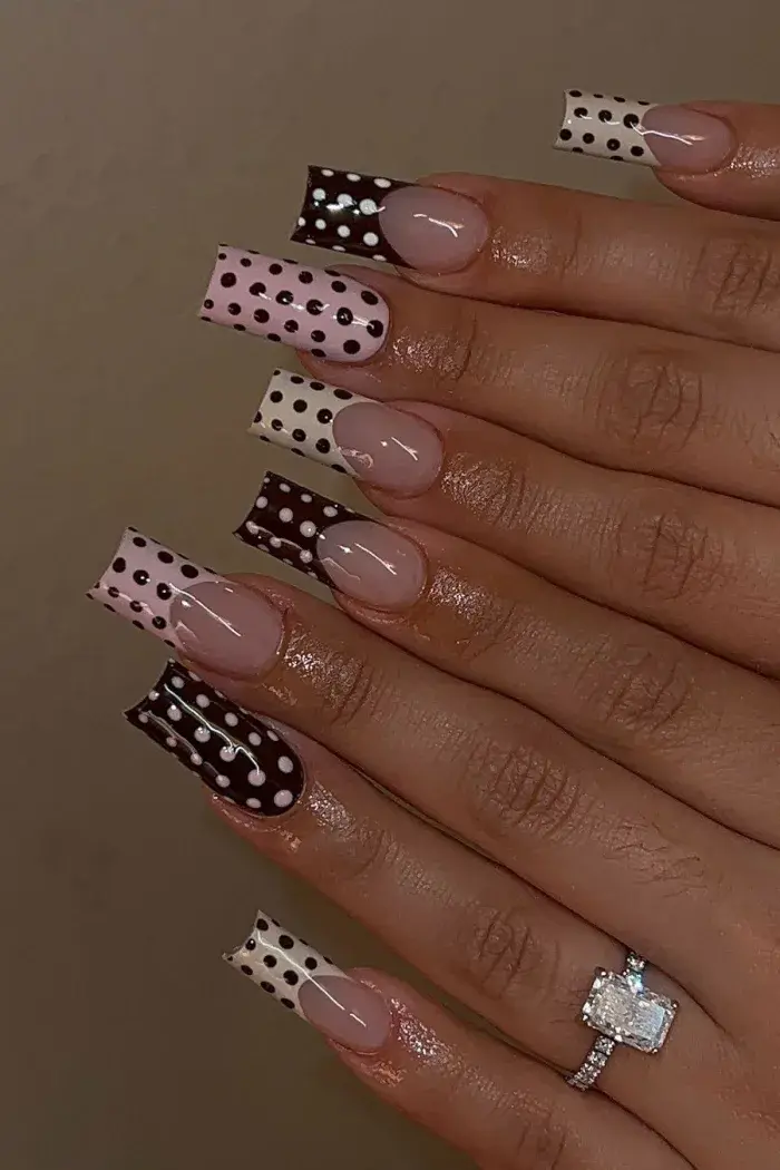 polka dot chrome nails, brown polka dot nails square, christmas present nails, elegant nails, french tip square, stiletto