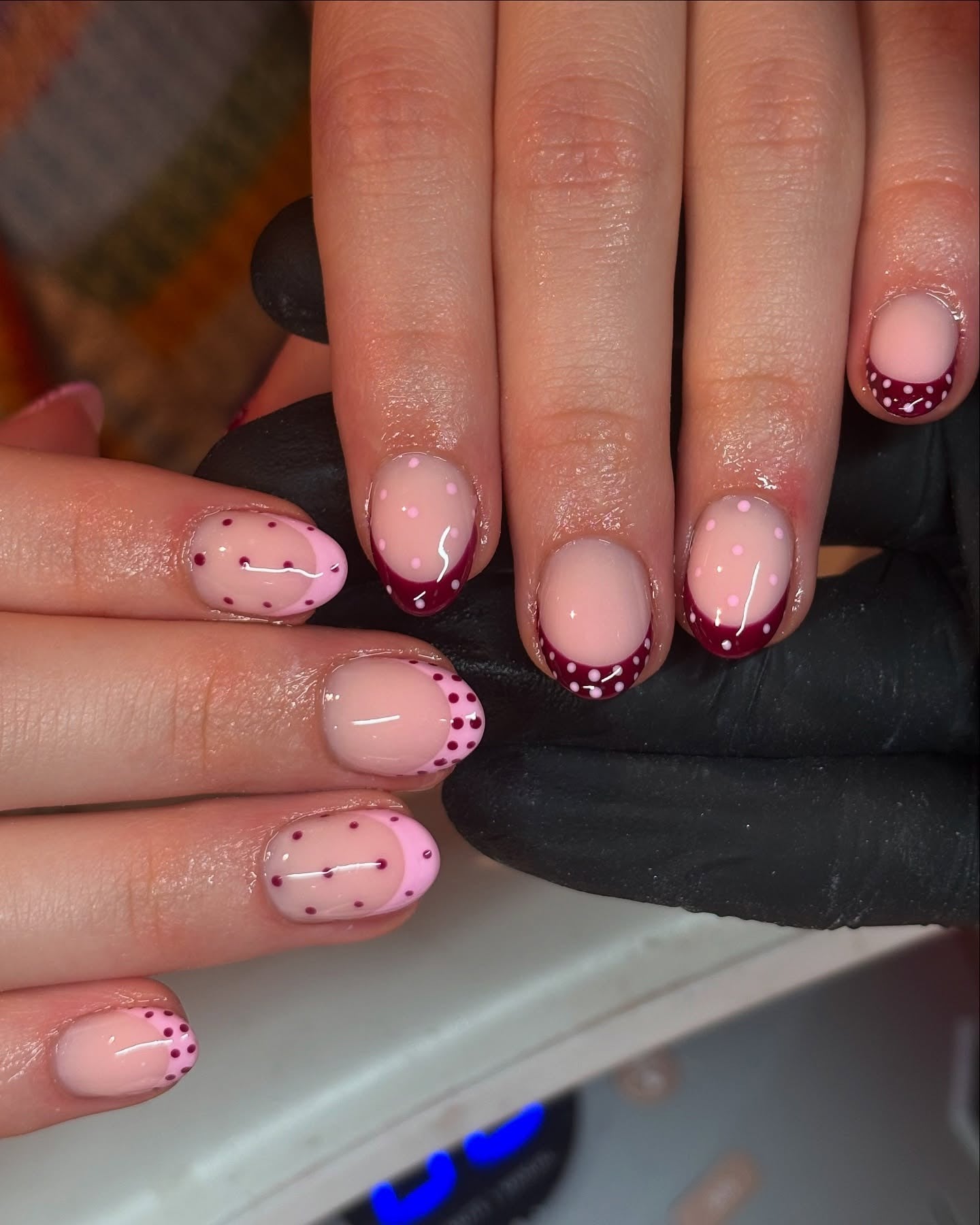 polka dot nails fall, polka dot bow nails, christmas nail inspo, pink nails, purple, white with chrome