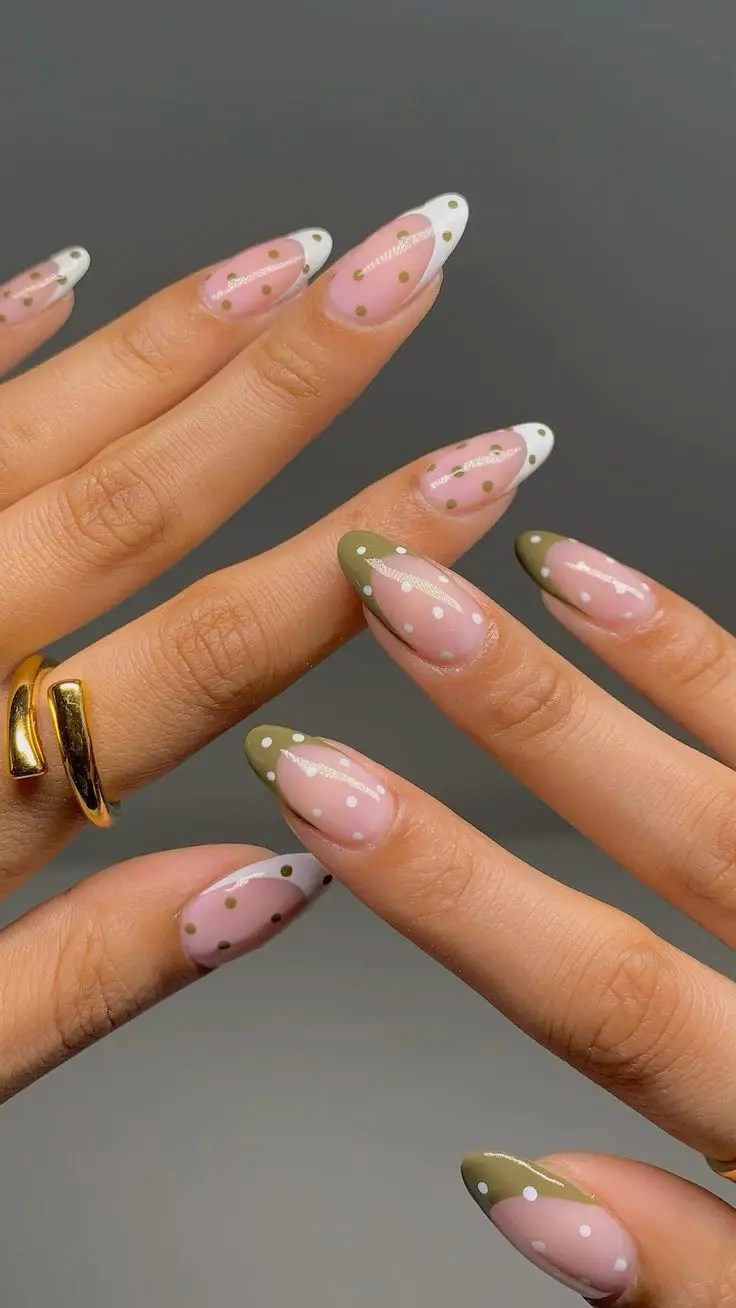 polka dot french tip nails, polka dot nails pink and black, christmas nails fun, black nails, nude, cherry red