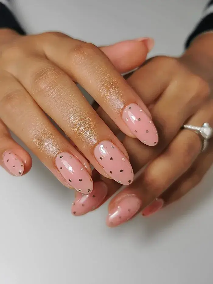 cateye polka dot nails, dark blue polka dot nails, red nail inspo, pink and brown nails design, red with white, brown chrome