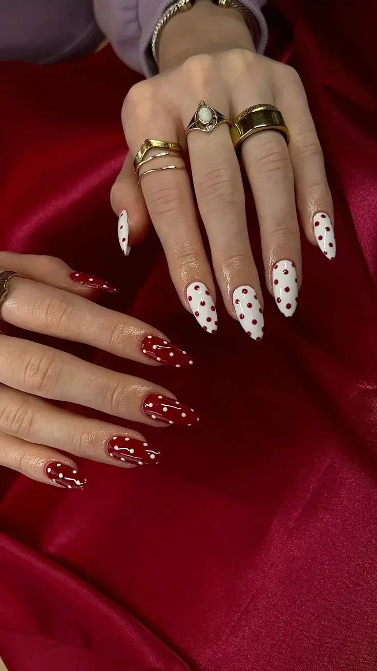 navy polka dot nails, pink and blue polka dot nails, cute nail designs, funky pink nails, brown with white