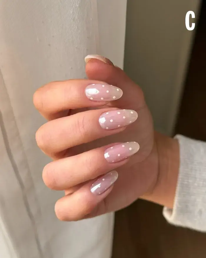 purple polka dot nails, white polka dot nails with chrome, baby blue polka dot nails, yellow, long