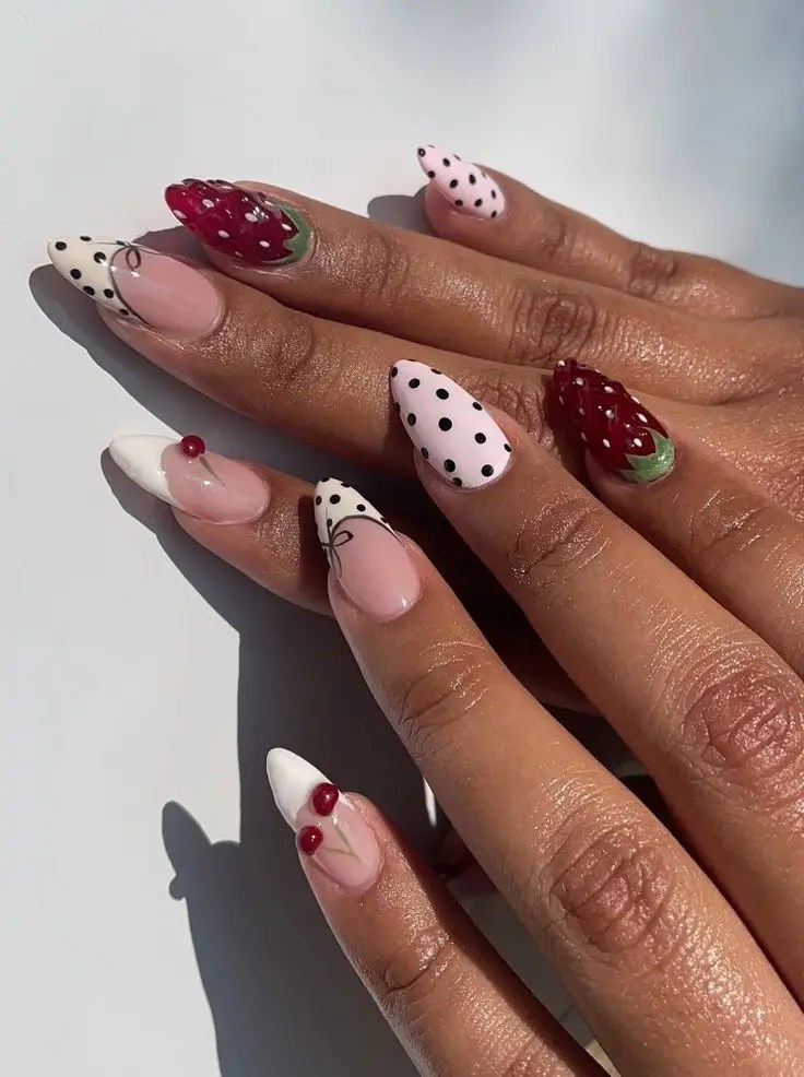 red and pink polka dot nails, almond polka dot french tip nails, light blue polka dot nails, christmas, french tip and