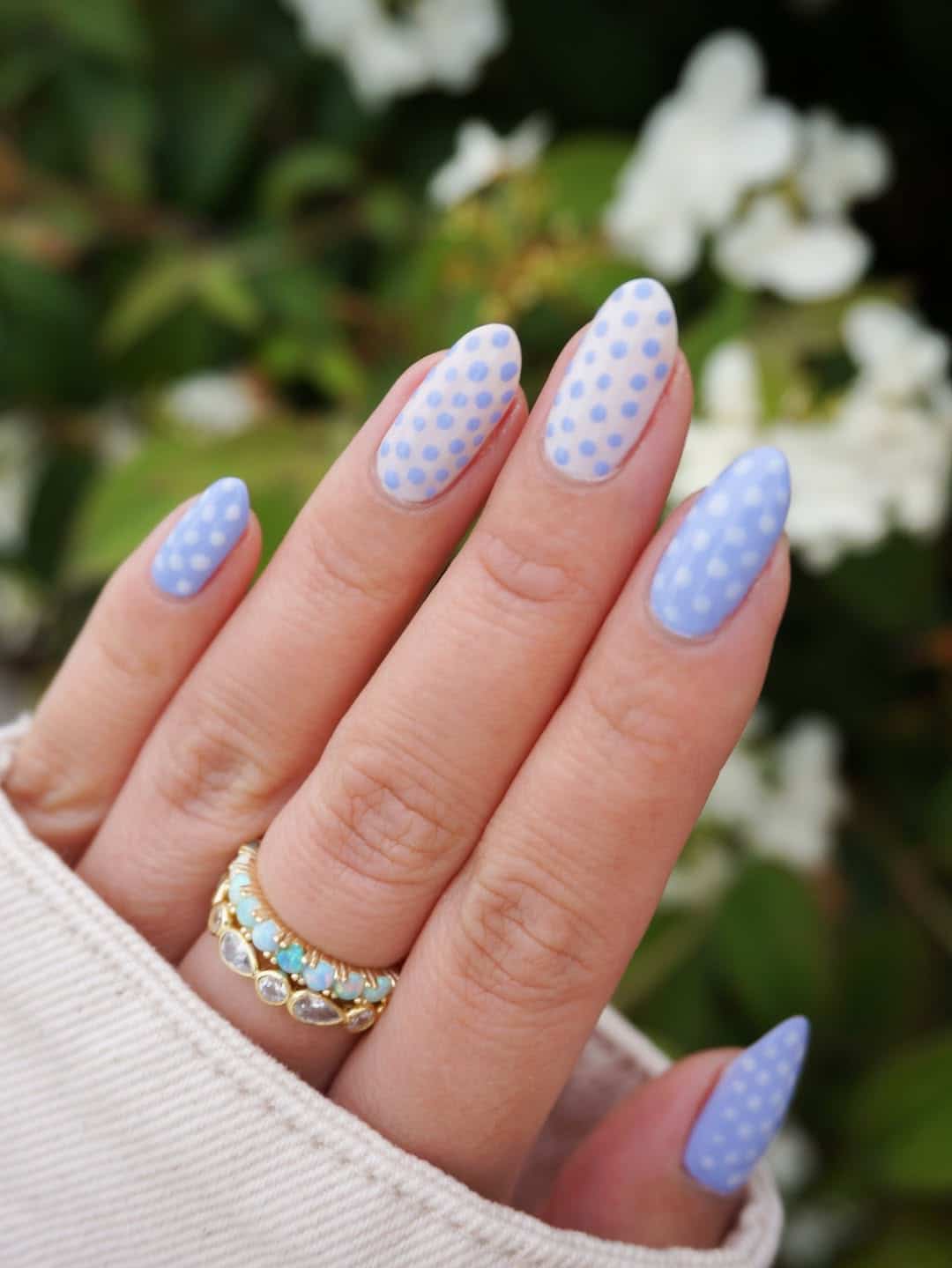 nude polka dot nails, cherry red polka dot nails, white french tip with blue dots, burgundy, reverse
