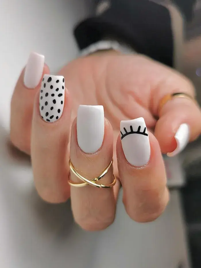 hot pink polka dot nails, polka dot nails blue, cat eye inspo nails, blue and white, light pink white