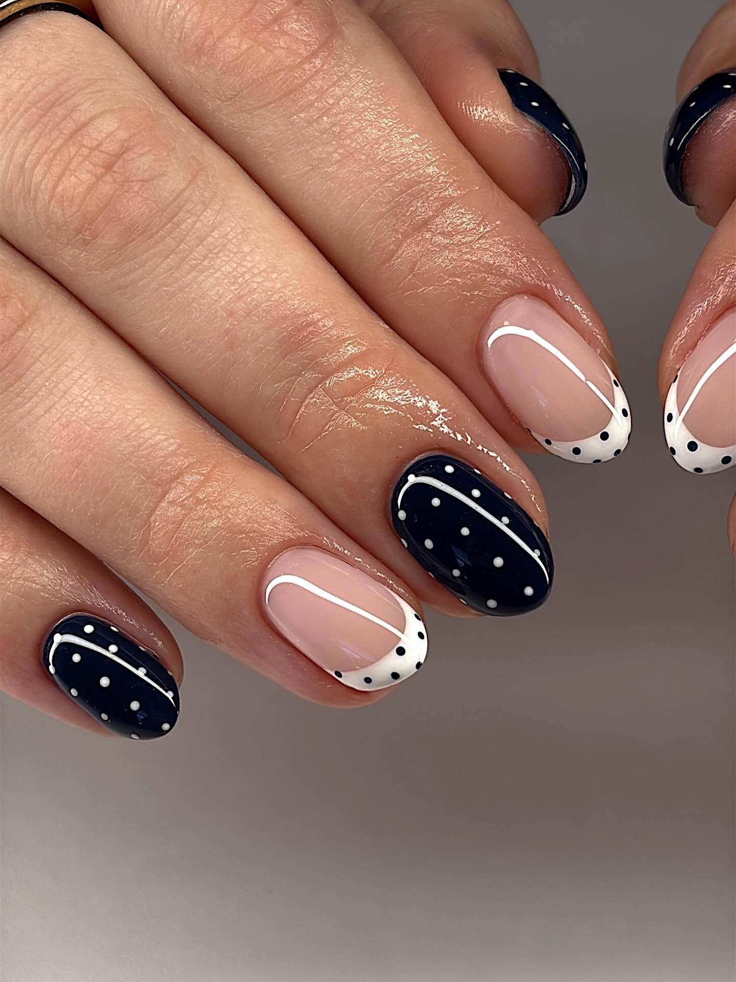 red polka dot nails french tip, dotty nails, dark cateye nails, fall, bow