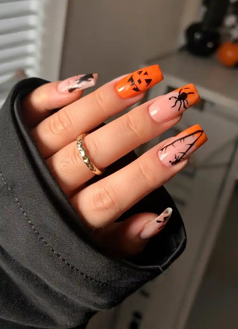 Pumpkin spice nails, pink fall nail ideas, halloween nail inspo easy