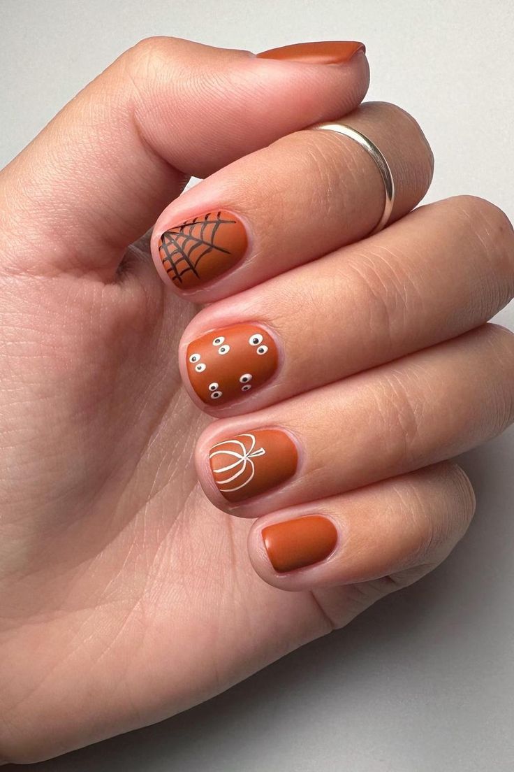 Fall pumpkin nails, halloween nail ideas, fall leaves nail designs