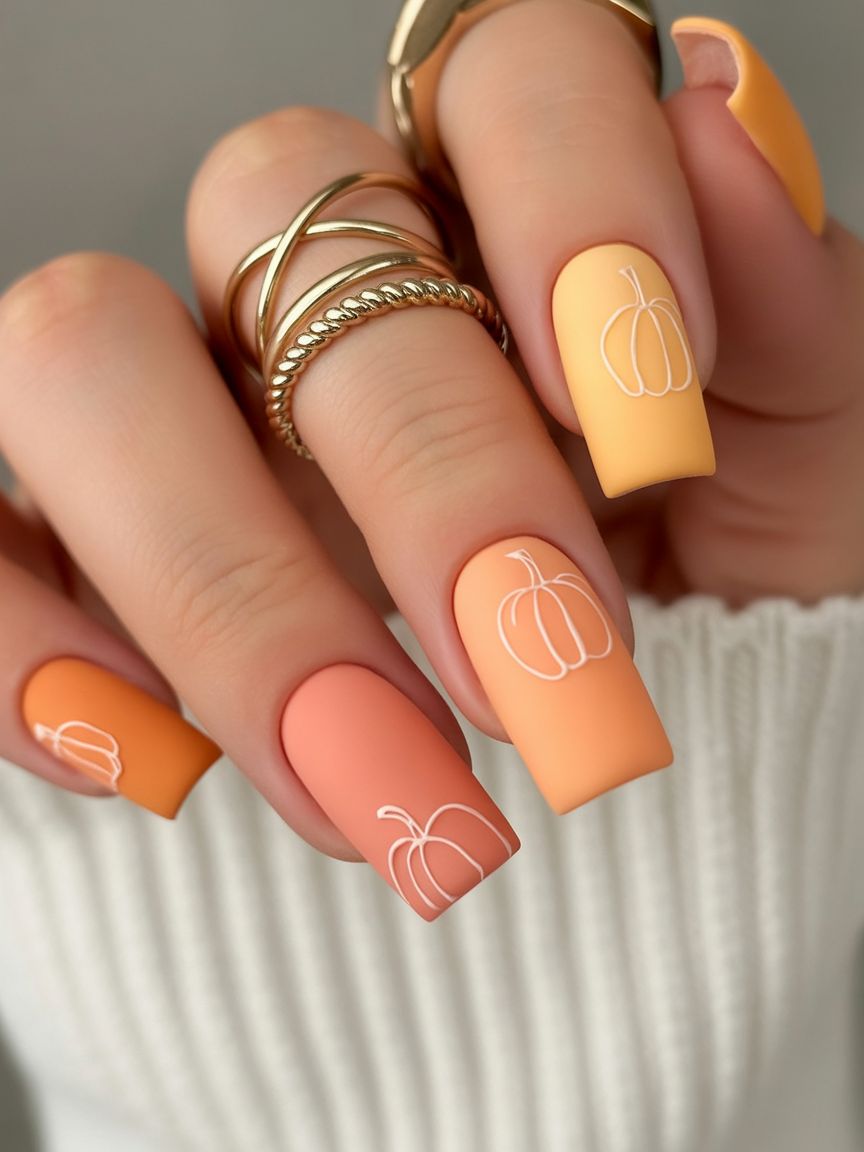 Pink pumpkin nails, pink fall nails ideas autumn, autumn leaves nails