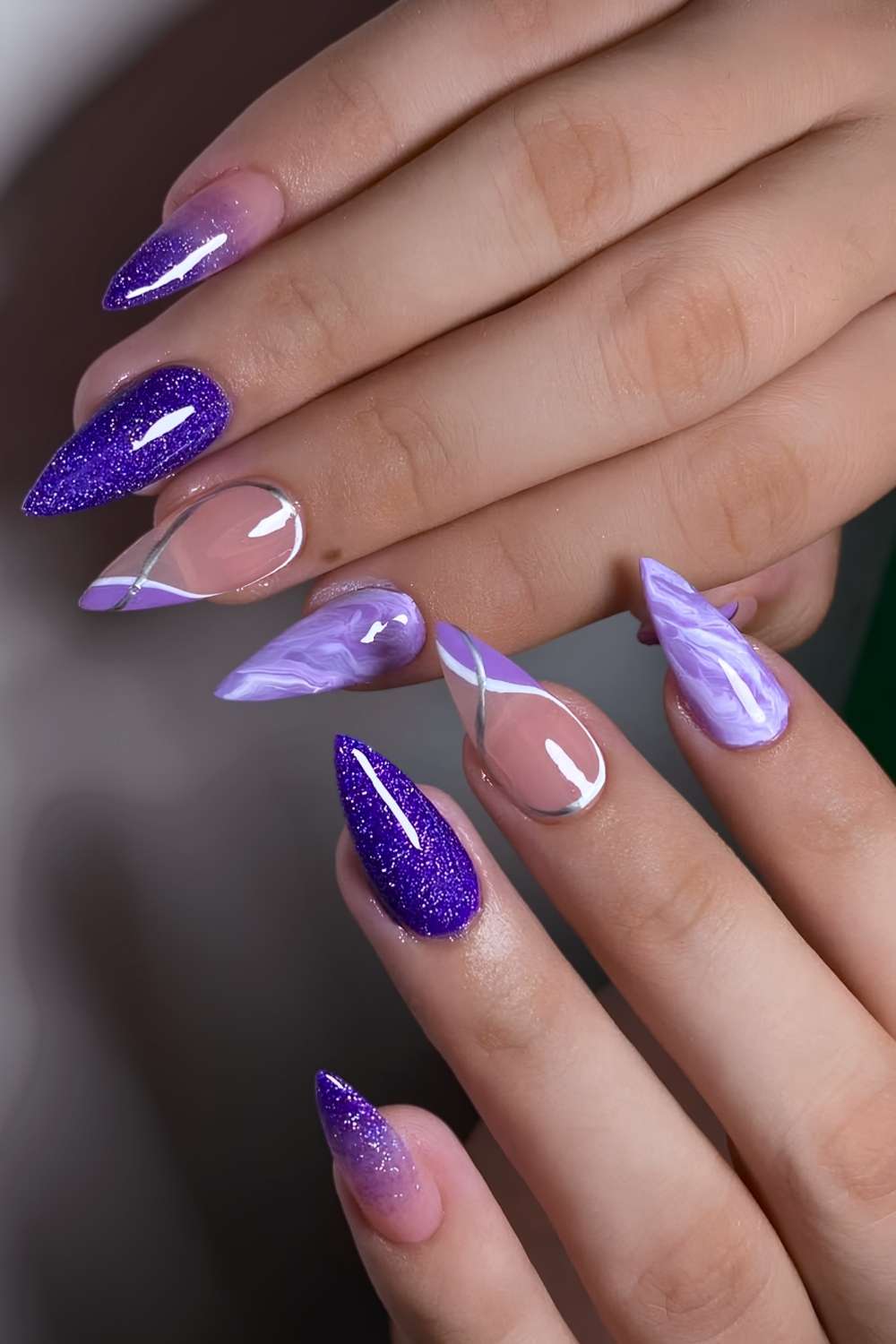 purple chrome nails, purple birthday nails, dark feminine nails, violet french nails, french tip, royal