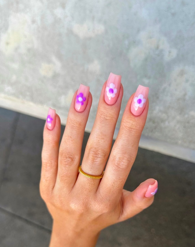 purple ombre nails, purple square nails, dark femme nails, cute halloween nails, and silver, tip