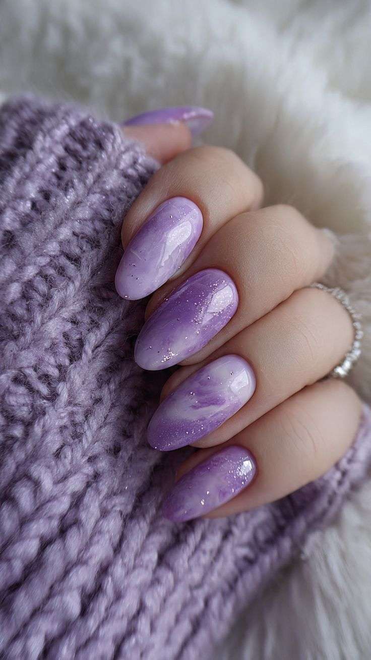 purple summer nails, purple stiletto nails, lilac french tip nails, purple and black nail ideas, and yellow, milky