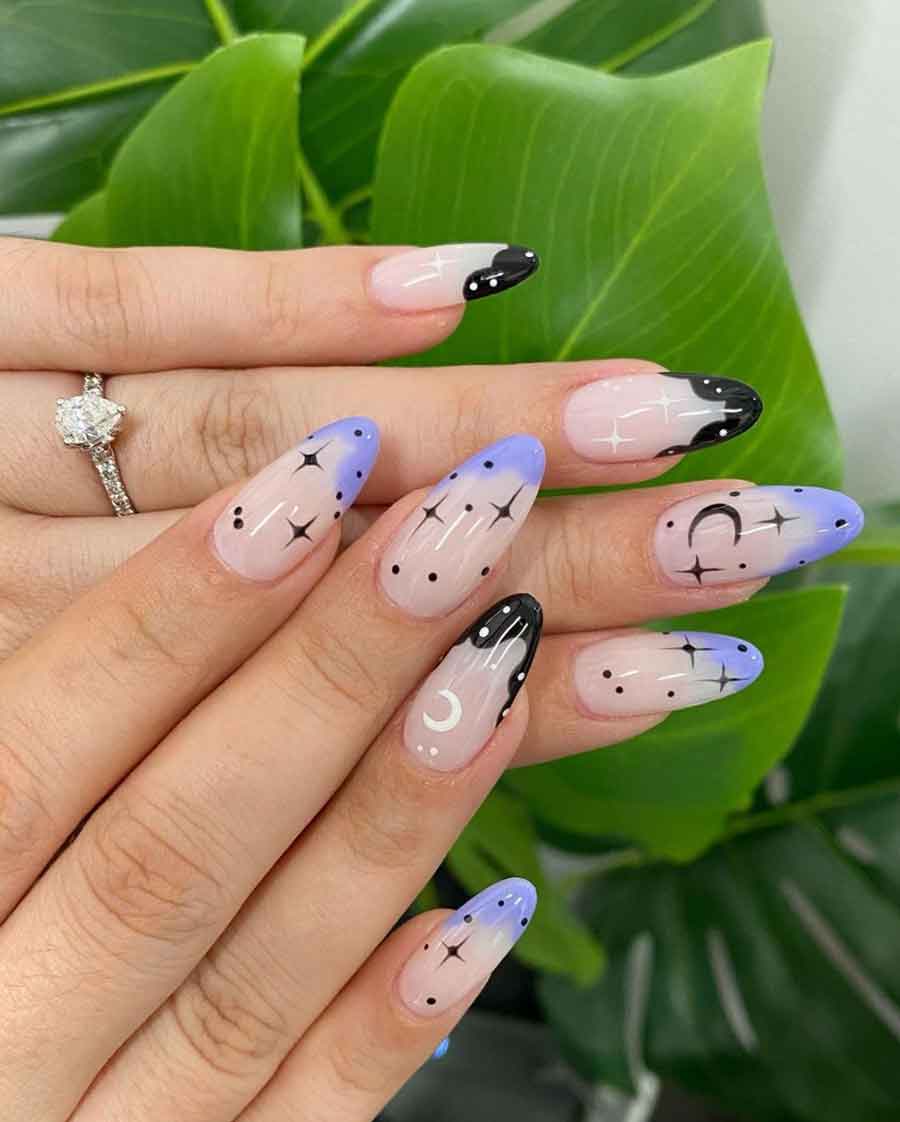 deep purple nails, purple floral nails, purple nail sets, witchy nail ideas, dark chrome