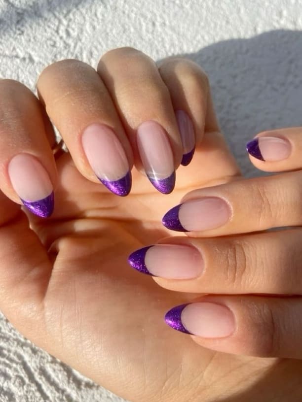 purple flower nails, purple fall nails design, purple nails with glitter, and gold, and orange
