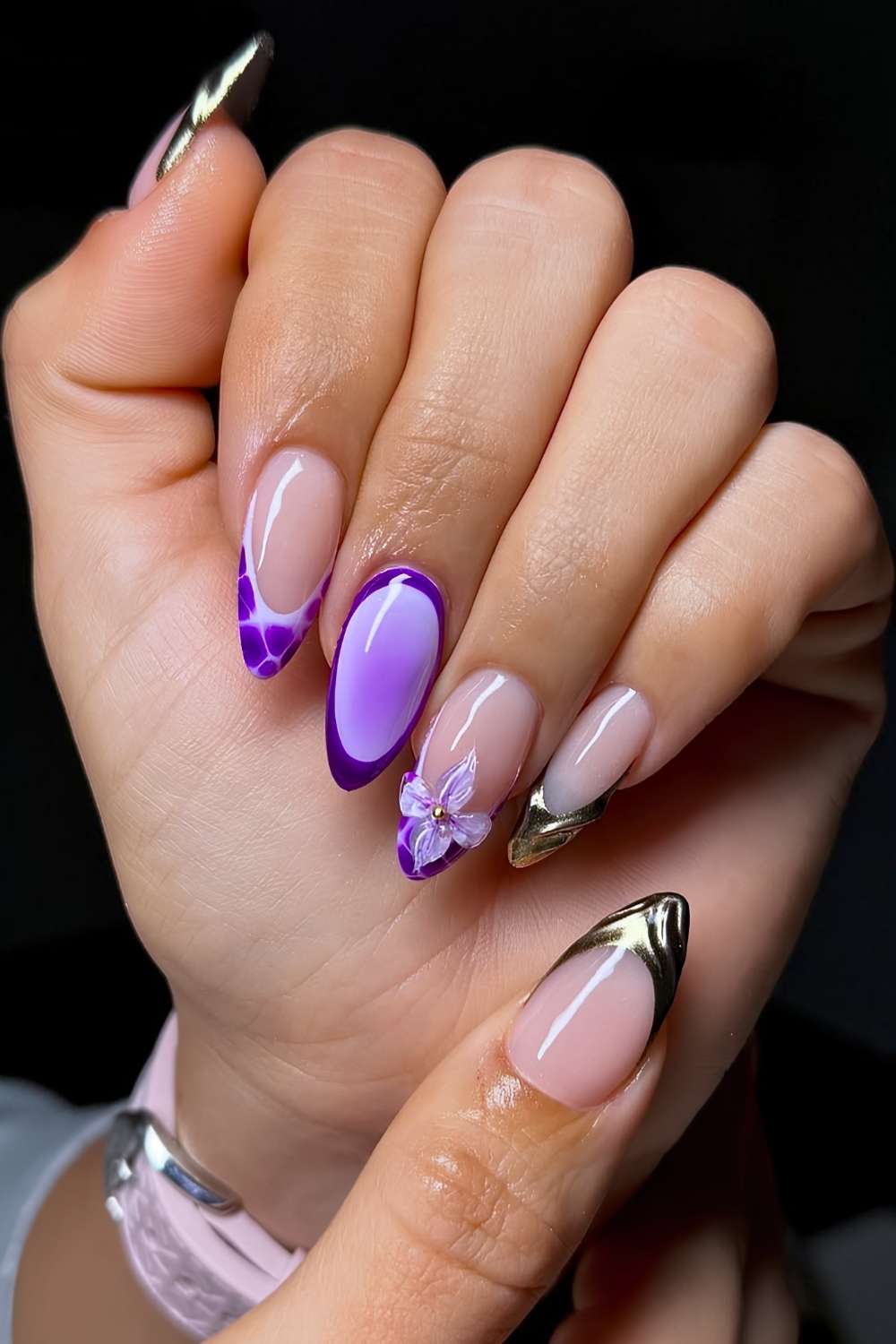 purple and yellow nails, royal purple nails, pastel lilac nails, aura, floral