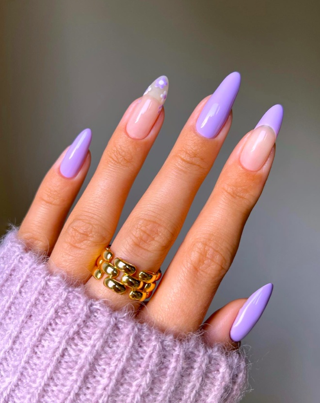y2k purple nails, lavender nails with design, purple spooky nails, french, different shades of