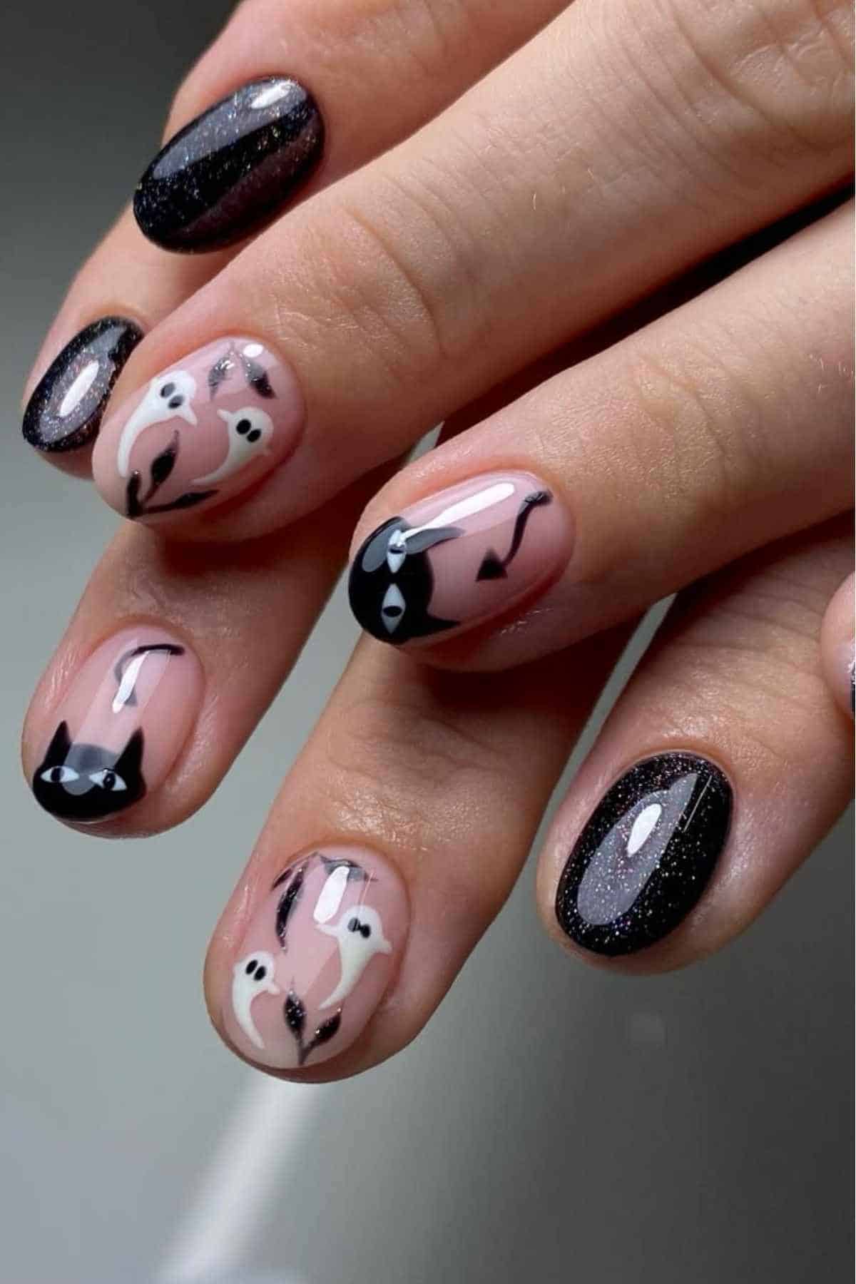 Short square acrylic nails designs halloween with dark purple halloween nails in spooky style