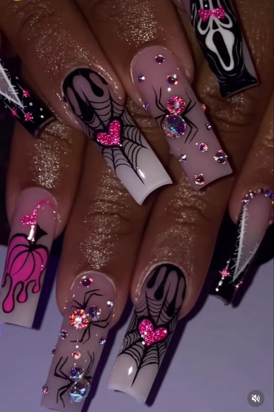Easy halloween nails design short with purple and orange halloween nails in manicure