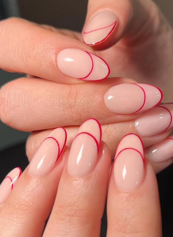 Nail extension designs nude color short with short press on nail designs, birthday nails, fall nail inspo short, featuring red and orange hues.