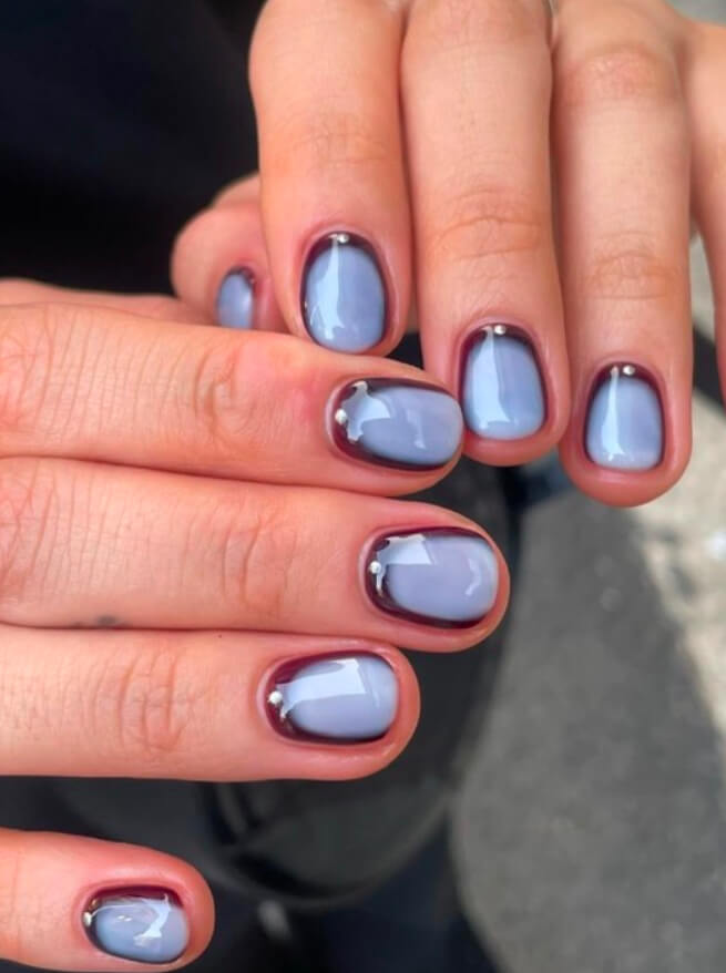 Short brown nails with french tip nails, red nails inspiration in stiletto manicure for style.