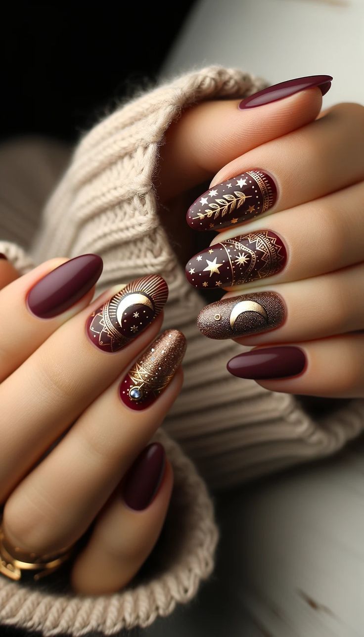 Halloween nail ideas short with celestial motifs