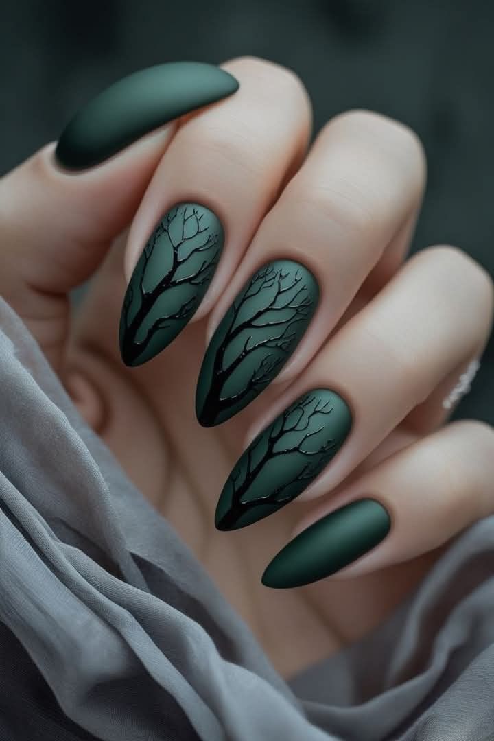 Simple halloween nail art with forest theme