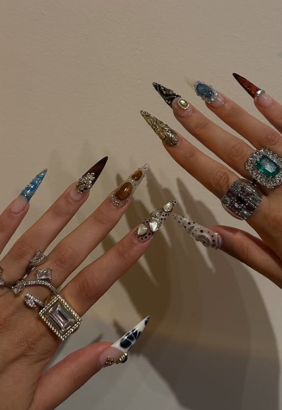 Chrome stiletto nails, birthday nails stiletto long, french manicure stiletto nails, purple, black and red