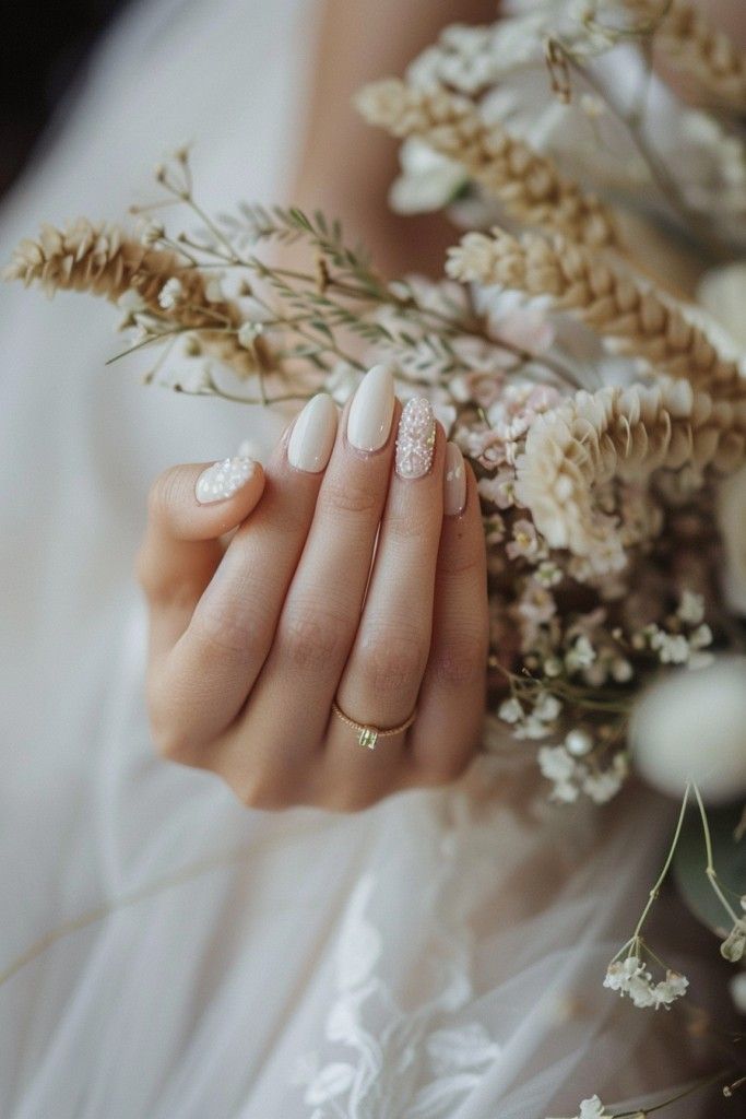 Wedding nails for bride classy bridal featuring nails for wedding guest classy with wedding nails elegant milky nude nails, accented with pearl and bride elegant gold.