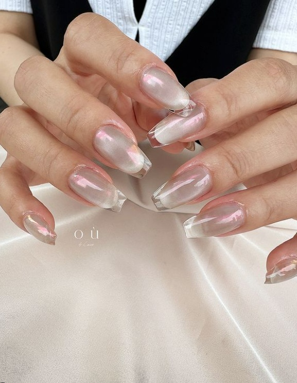 Best wedding nails brides featuring natural wedding nails, milky french manicure, simple wedding guest nails with green accents.