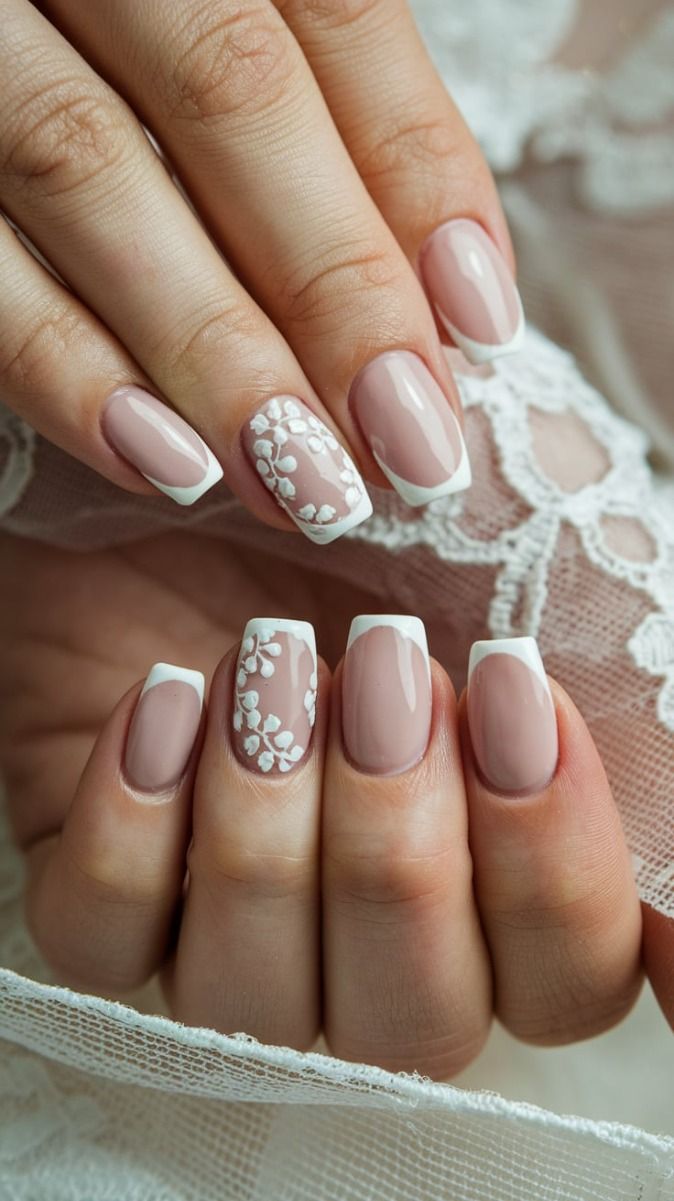 Wedding nails for bridesmaids with wedding party nails, featuring french tip nails that the bride will love with cat eye effect.