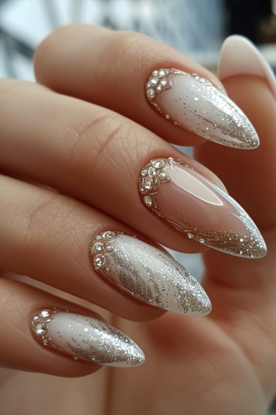 Simple wedding nails for bride with gold wedding nails, enhanced by bridal hairstyles, trendy toe style.