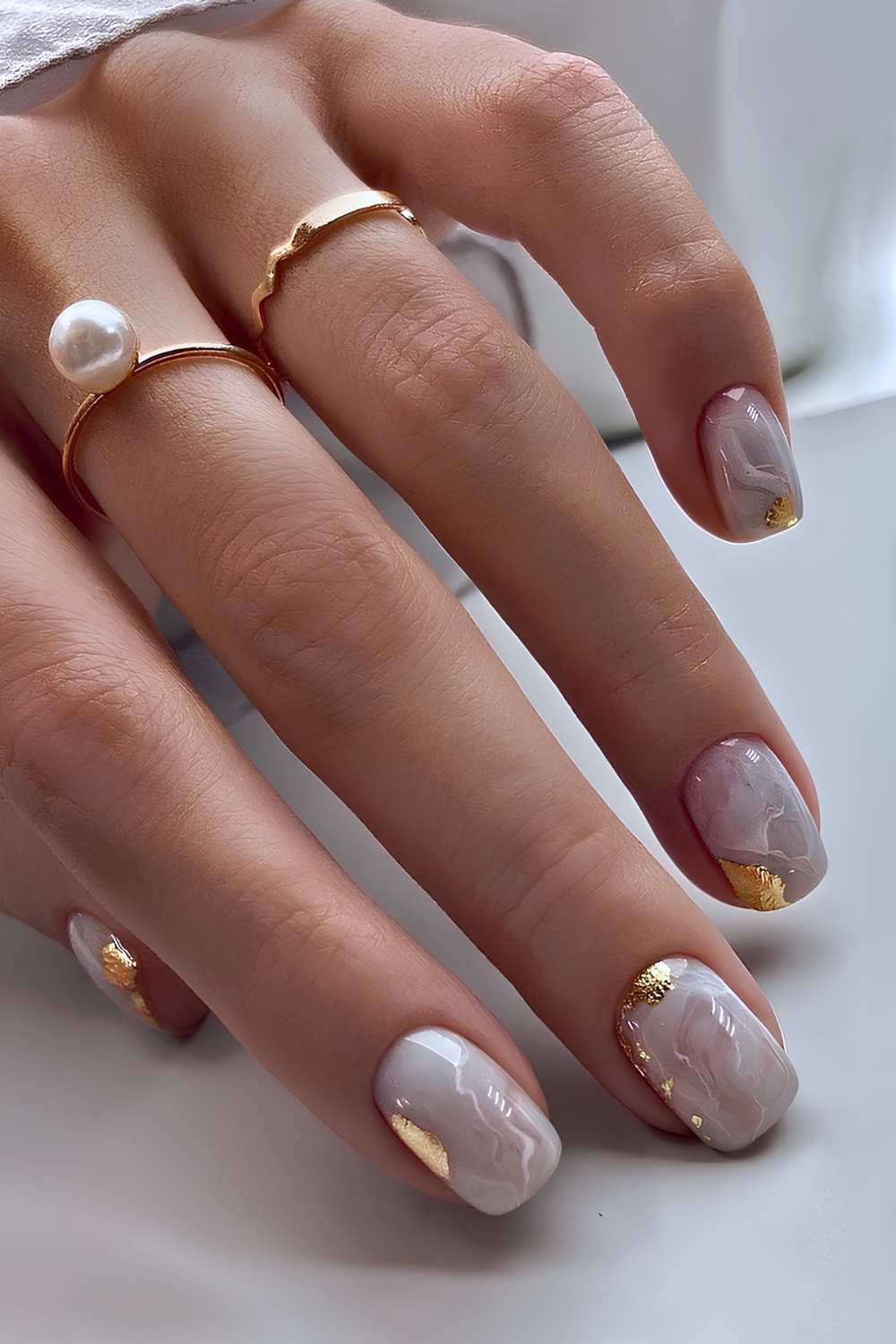 White and gold nails with glitter, milky nail art, royal blue nails, summer, long.