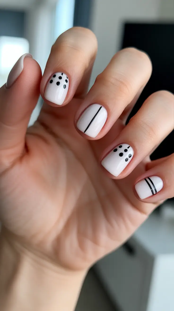 White french nails with pearly white nails, black nail art, vacation nails summer, tip, red.